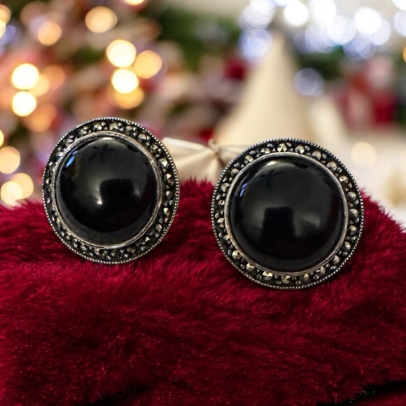 VINTAGE 925 STERLING JUDITH JACK ONYX & MARCASITE PIERCED EARRINGS - Picture 2 of 3